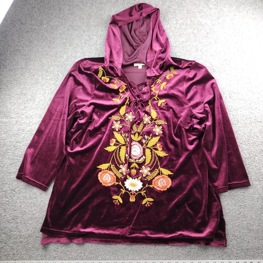 Entro Velvet Hoodie Embroidered Floral Size XL Women's Folk Artisan Boho Hippie‎